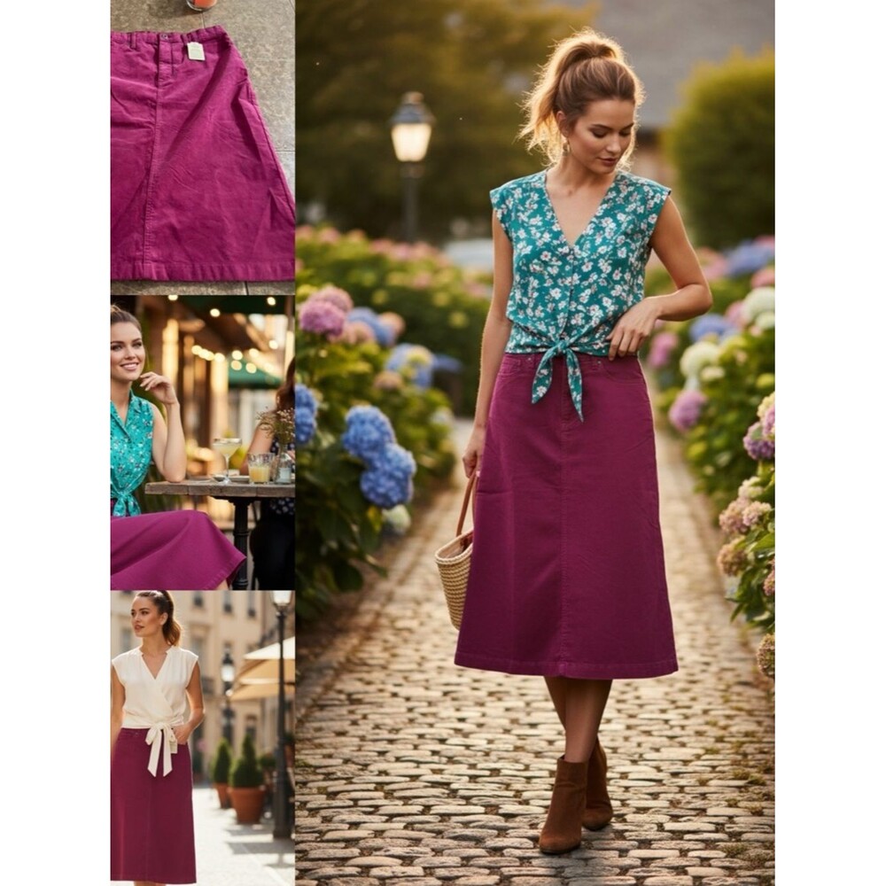 St John’s Bay Corduroy Midi Skirt Size 12 Burgundy Wine A-Line High Waist